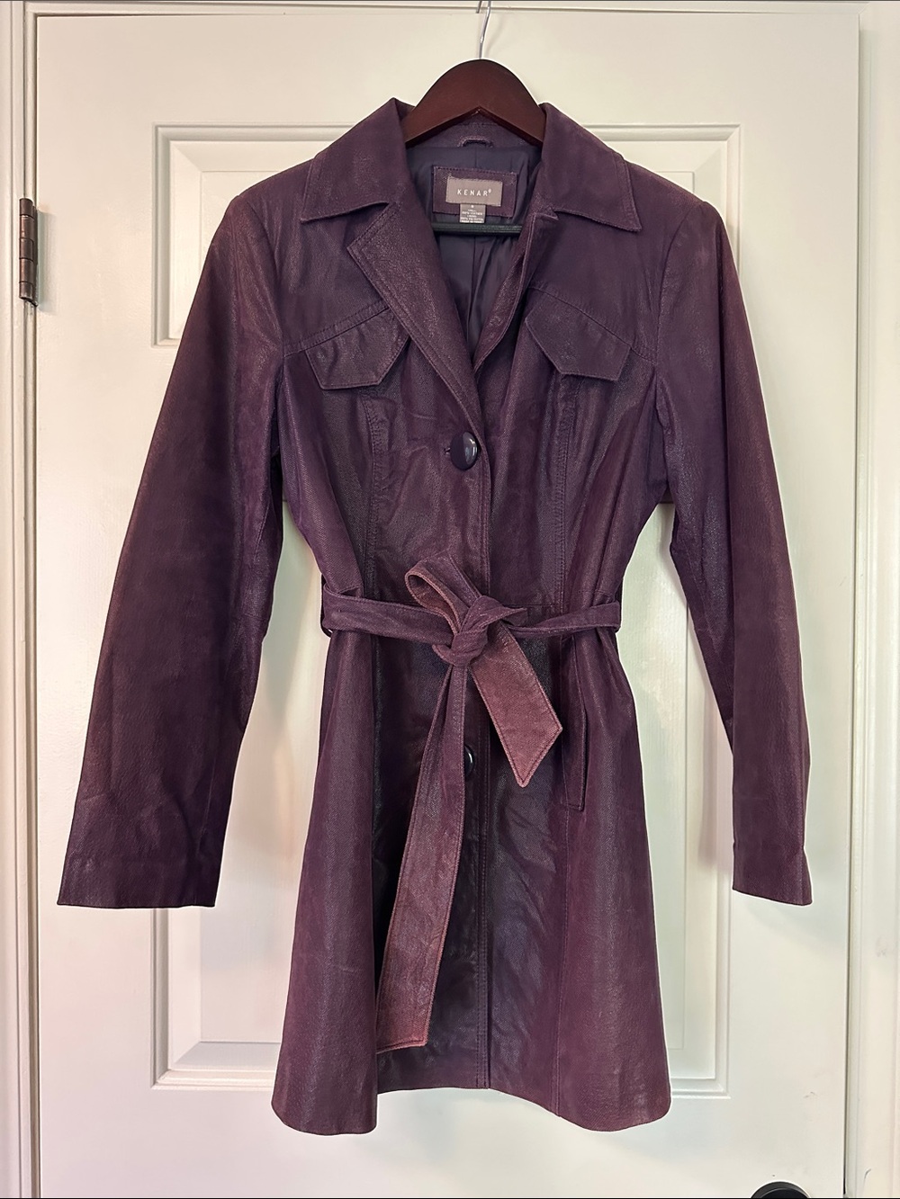 Kenar Plum Leather Trench Coat with Self-Tie Belt